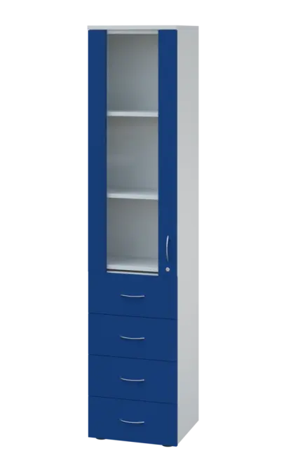 LE - 44 skříň léková prosklená, levá, korpus bílý, dvířka královská modř